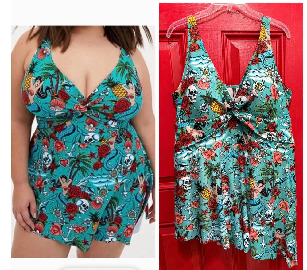 Torrid 4 (4X 26) Mermaid Skull Tattoo Assymetrical One Piece Swim Dress Swimsuit